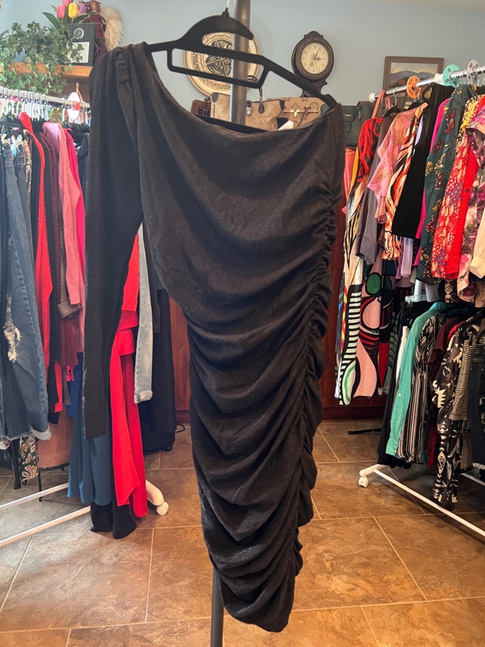 Windsor Black One-Shoulder Ruched Midi Dress